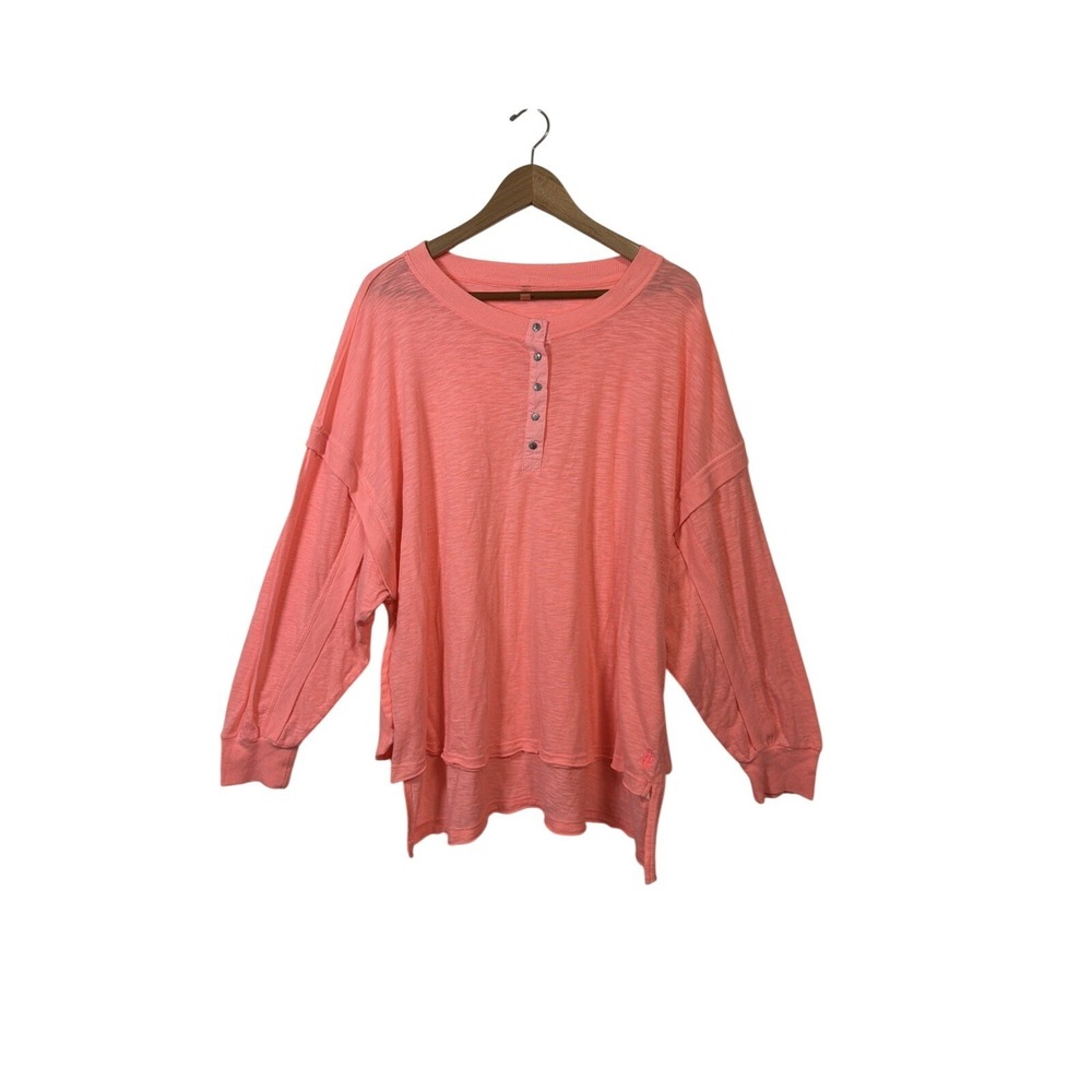 Free People Movement Henley Top Women M Neon Coral Pink Slub Knit Long Sleeve